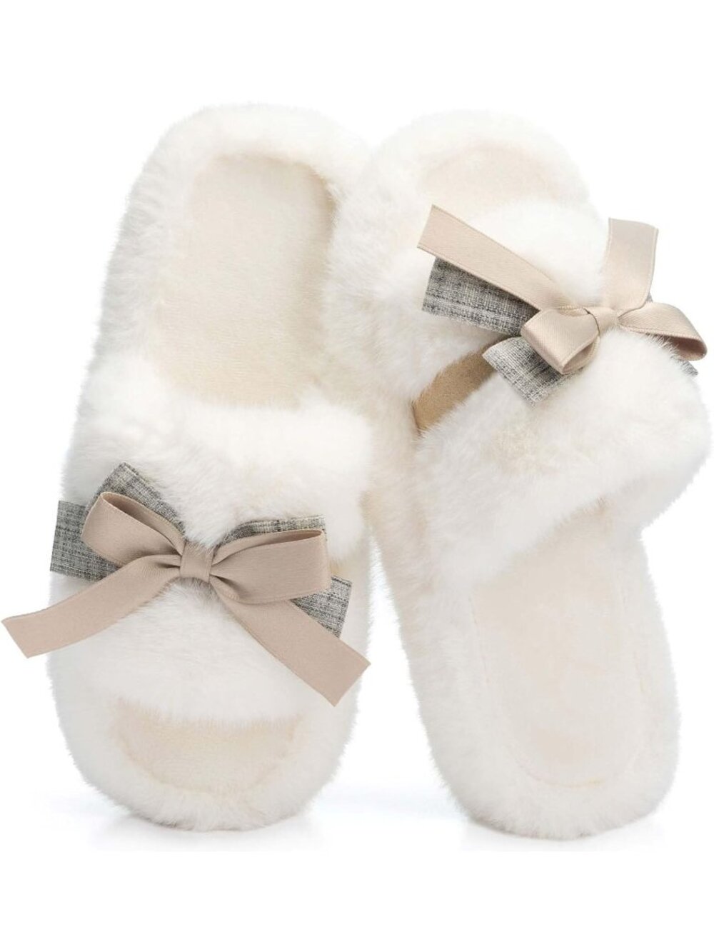 Women's Beige Memory Foam Anti Skid Open Toe Soft Fuzzy Cute Bow Indoor Slippers